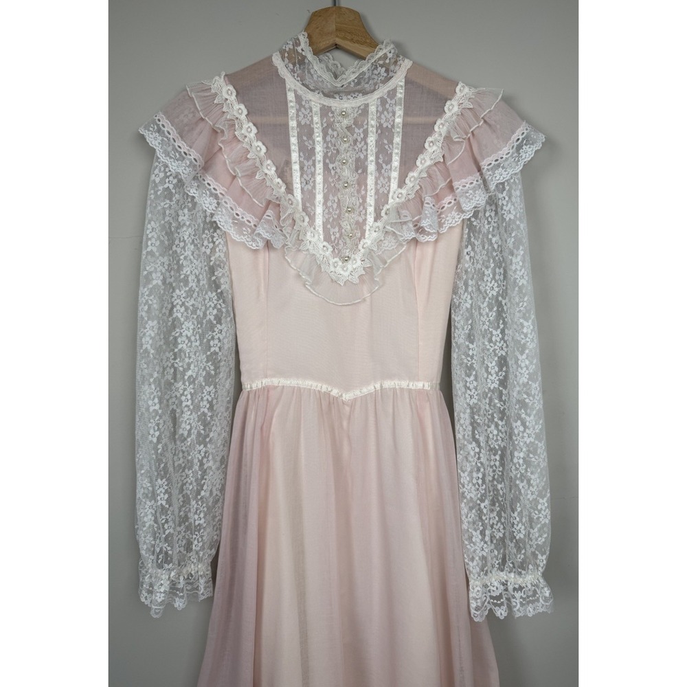 Vtg Gunne Sax by Jessica Pink High Neck Lace Maxi Dress 70s Victorian Ren Fair